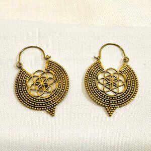 Brass Earrings Mandala Style Round Shape with Point on Bottom